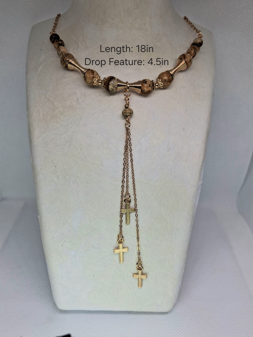 Handmade Gold-Tone Beaded Cross Drop Necklace